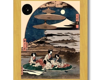 Extraterrestres dans l'art ukiyo-e japonais | L'Uchuu-jin, surréalisme japonais OVNI extraterrestres, impression d'art fantastique vintage originale