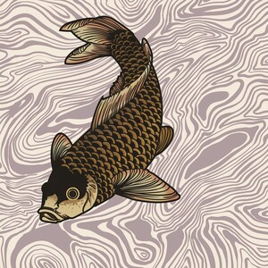 May include: A detailed illustration of a koi carp, featuring a dark brown body and a black head, set against a wavy, light purple and beige background. The fish is angled, displaying its fins and scales.