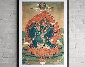 May include: A colorful painting depicting a deity with multiple arms and eyes, surrounded by flames and clouds. The deity is seated on a lotus flower and has a fierce expression.