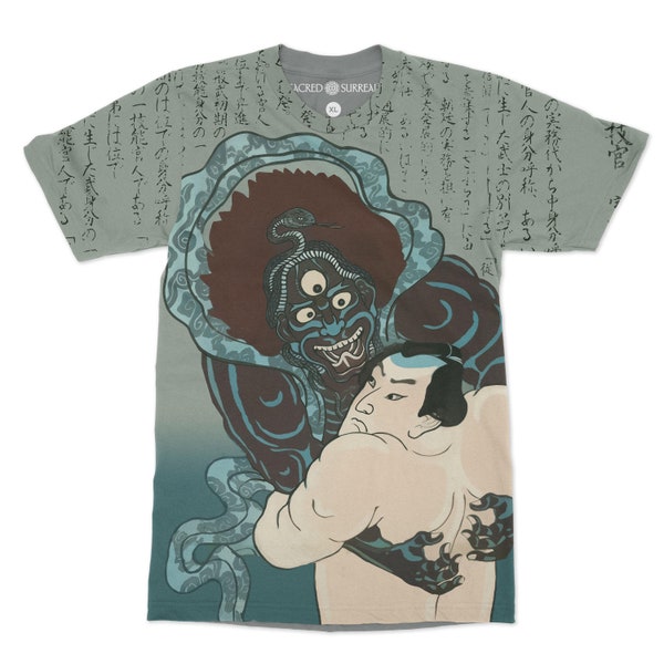 Konjin Chogoro Fighting Against the Blue Monster (Yoshitora Utagawa) Ukiyo-e Yokai Supernatural Japanese Boho Vintage T-Shirt