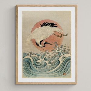 Grue encadrée, vagues et soleil levant (Koryusai) | Impression artistique encadrée Japonaise Ukiyo-e Edo, amateur d&#39;oiseaux vintage