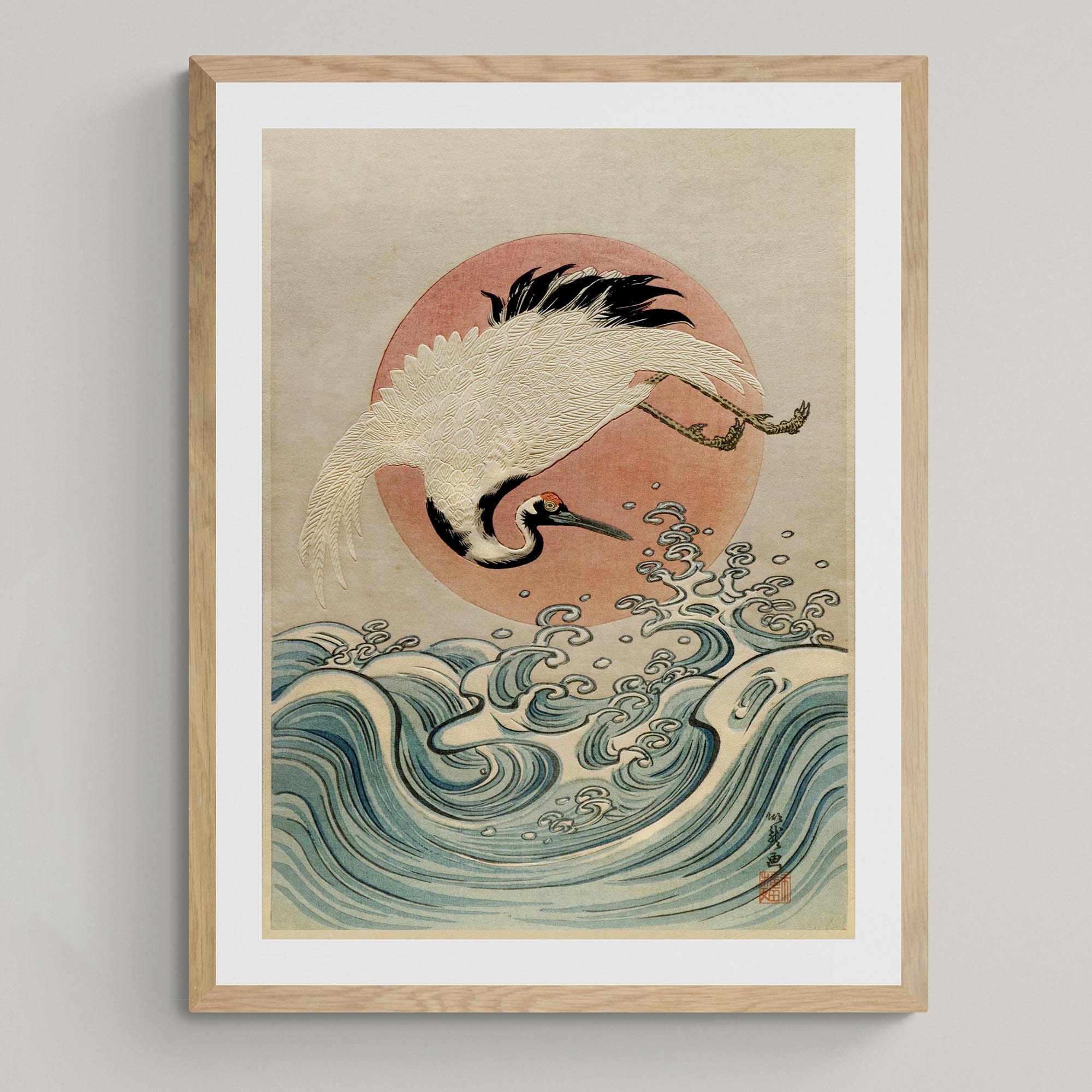 Framed Crane, Waves and Rising Sun (koryusai) | Japanese