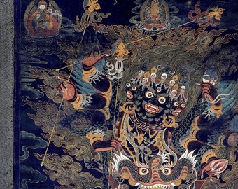 May include: A detailed painting of a multi-headed deity with a fierce expression. The deity is depicted with multiple arms and hands, holding various objects. The painting is set against a dark blue background with swirling clouds and gold accents.