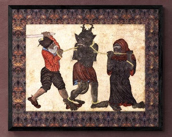 Demon in Chains Ancient Persian Folklore Mythology | Dark Supernatural Islamic Quranic Div Djinn | Occult Yokai Medieval Framed Art Print