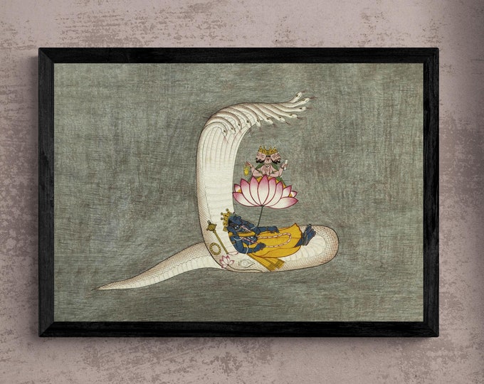 Antique Vishnu, Brahma, Naga, Cosmic Universe Creation Hindu Yoga Yogic Vedic Cosmology Lotus Sacred Serpent Fine Art Print