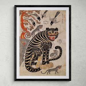 Vintage koreanische Minhwa Tiger und Elster | Klassische Mythologie Folklore Malerei | Löwe Leopard Hausdekor | Süßer Kawaii Fine Art Print