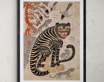Vintage Korean Minhwa Tiger and Magpie | Classic Mythology Folklore Painting | Lion Leopard Home Boho Decor | Cute Kawaii Fine Art Print