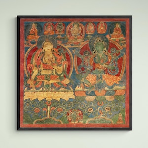 Green Tara White Tara Tibetan Buddhist Thangka | Tantra Hindu Vedic Antique Vintage Yantra Mandala Framed Art Print