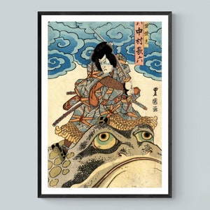 Framed Japanese Jiraiya Jiraya Giant Frog Toad | Ninja Samurai Kabuki | Vintage Edo Asian Folklore Mythology | Ukiyo-e Framed Art Print