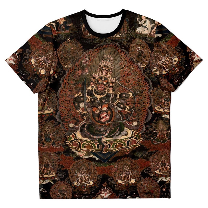 May include: Black t-shirt with a detailed illustration of multiple figures, with a central deity. The design uses brown, red, and gold on a black background. The shirt has a crew neck with a black trim.