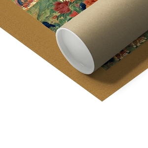 May include: A rolled up print of a colorful painting depicting a scene with flowers and figures. The print is rolled up and secured with a brown cardboard tube.