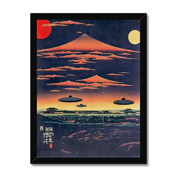 Extraterrestrial Japanese Art | UFO Space ET Aliens, 宇宙人 Japanese Surrealism, Original Vintage Fantasy, Woodblock Gift Framed Art Print