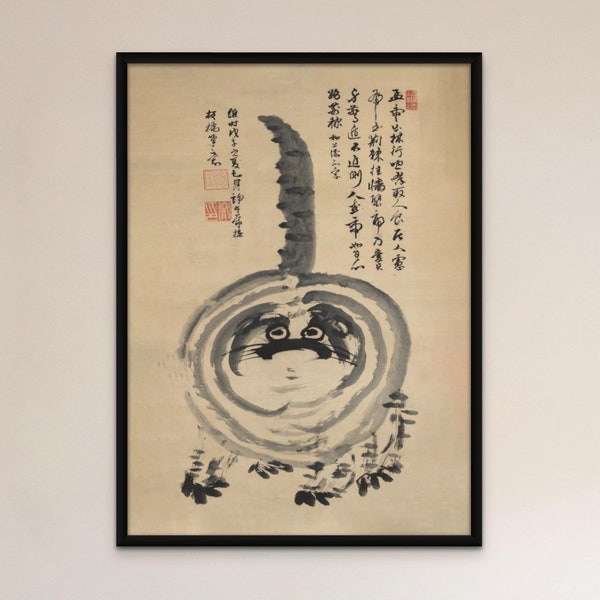 Gros chat domestique zen « Chonk », cadeau zen Hakuin Sumi-E, japonais kawaii mignon petit chaton, peinture au pinceau, impression d'art vintage antique