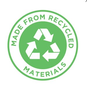 May include: A circular green and white graphic with the text "MADE FROM RECYCLED MATERIALS". The graphic features a recycling symbol in the centre, composed of three white arrows in a triangular formation.