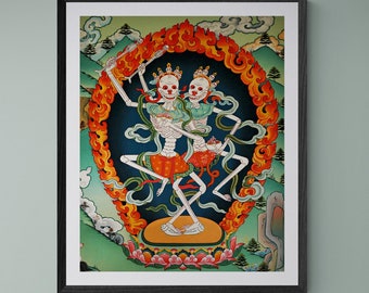 Citipati, Tibetan Skeleton | Tantric Protector Vajrayana Thangka | Lord and Lady of the Cemetery | Buddhist Decor Fine Art Print