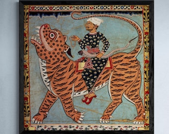 Pir Gazi and his Tiger, Indian Art, Islamic Art, Muslim Art, Antique Sufi Rumi Mystic Cat Feline Framed Art Print