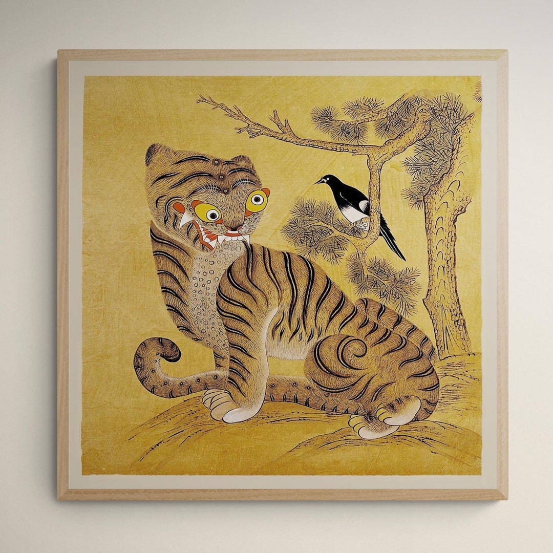 韓国の民芸絵画 虎とカササギ 1980 ミンファ「虎とカササギ」：19世紀韓国の古典民画、アンティーク