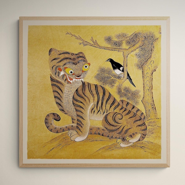 Minhwa Tiger and Magpie: Classic Korean 19th-Century Folk Painting Antique Bird Jungle Kawaii Wildlife Lion Leopard Poster Fine Art Print