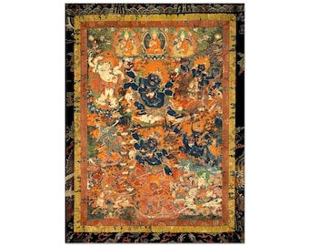 May include: A vibrant, detailed Tibetan thangka painting. The artwork features multiple figures in shades of blue, orange, and green, set against a backdrop of intricate patterns and a black border. The painting depicts a complex religious scene.
