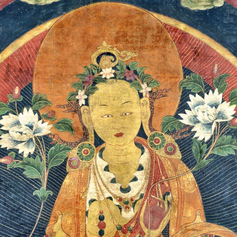 May include: A painting of a deity with a golden halo, wearing a crown of flowers and a yellow robe. The deity has a serene expression and is surrounded by floral motifs.