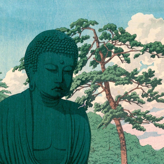 鎌倉大仏（川瀬巴水）江戸木版画 | 禅庭座禅瞑想、道元浮世絵
