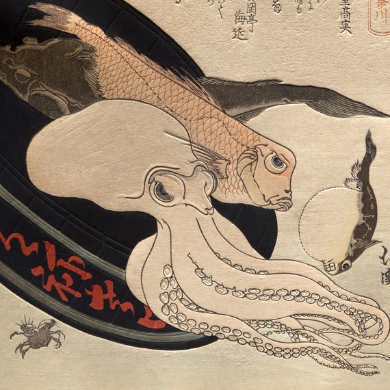 魚屋北渓：イカ｜海洋生物タコ｜北斎 日本の江戸木版画 かわいい