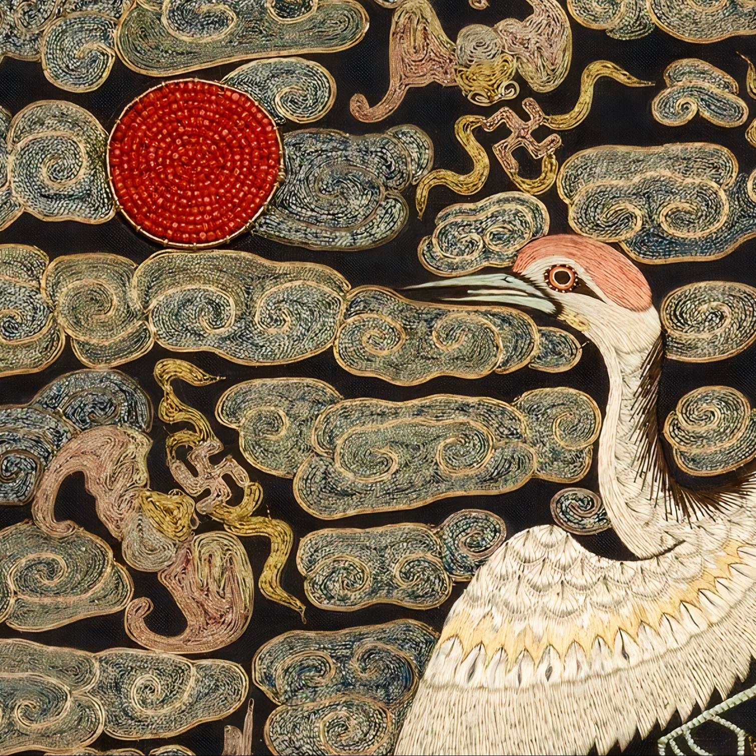 中国シルク刺繍の鷺鳥マンダリンスクエア清朝、アンティークの壁アート