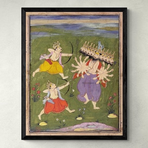 Vishnu som Rama med Laksmana som dödar demonen Ravana | Ramayana episk hinduisk mytologi | Indisk vintage Hanuman folklore konsttryck