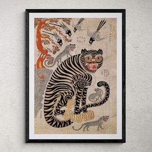 Tigre y urraca coreanos mágicos / Mitología clásica Pintura Minhwa / Decoración del hogar del leopardo del león de la selva del pájaro / Kawaii lindo Lámina enmarcada