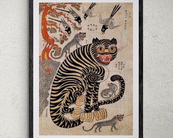 Magical Korean Tiger and Magpie | Classic Mythology Minhwa Painting | Bird Jungle Lion Leopard Home Decor | Cute Kawaii Framed Art Print