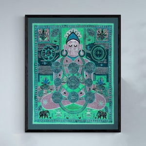 Parsvanatha enmarcado, cosmología jainista tibetana / diagrama antiguo, mantra de meditación / arte dharma, sánscrito, impresión enmarcada de Thangka remezclada moderna