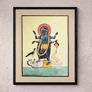 Arte da parete della dea Kali Maa, India del 1800, Calcutta, pittura Kalighat, arte popolare indiana mitologia indù / stampa artistica spirituale del XIX secolo