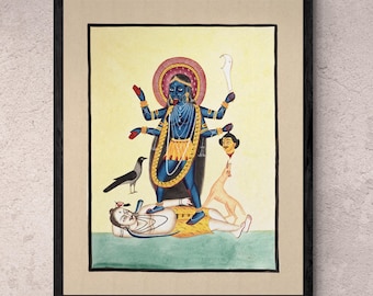 Kali Maa Goddess Wall Art, 1800s India, Calcutta, Kalighat painting, Indian Folk Art Hindu Mythology | Spiritual 19th-Century Fine Art Print