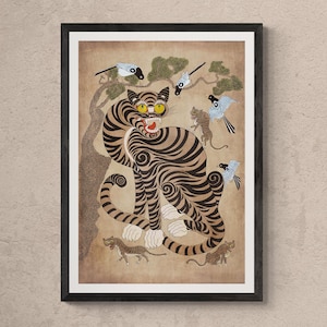 Tigres coreanos con pájaros, folclore / guardería de la mitología asiática clásica, decoración de la pared de la jungla de la habitación del niño, lindo estampado de arte de bloque de madera vintage Kawaii