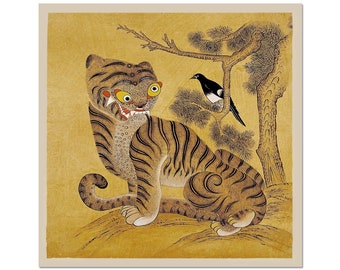 ミンファ「虎とカササギ」：19世紀韓国の古典民画、アンティークの鳥