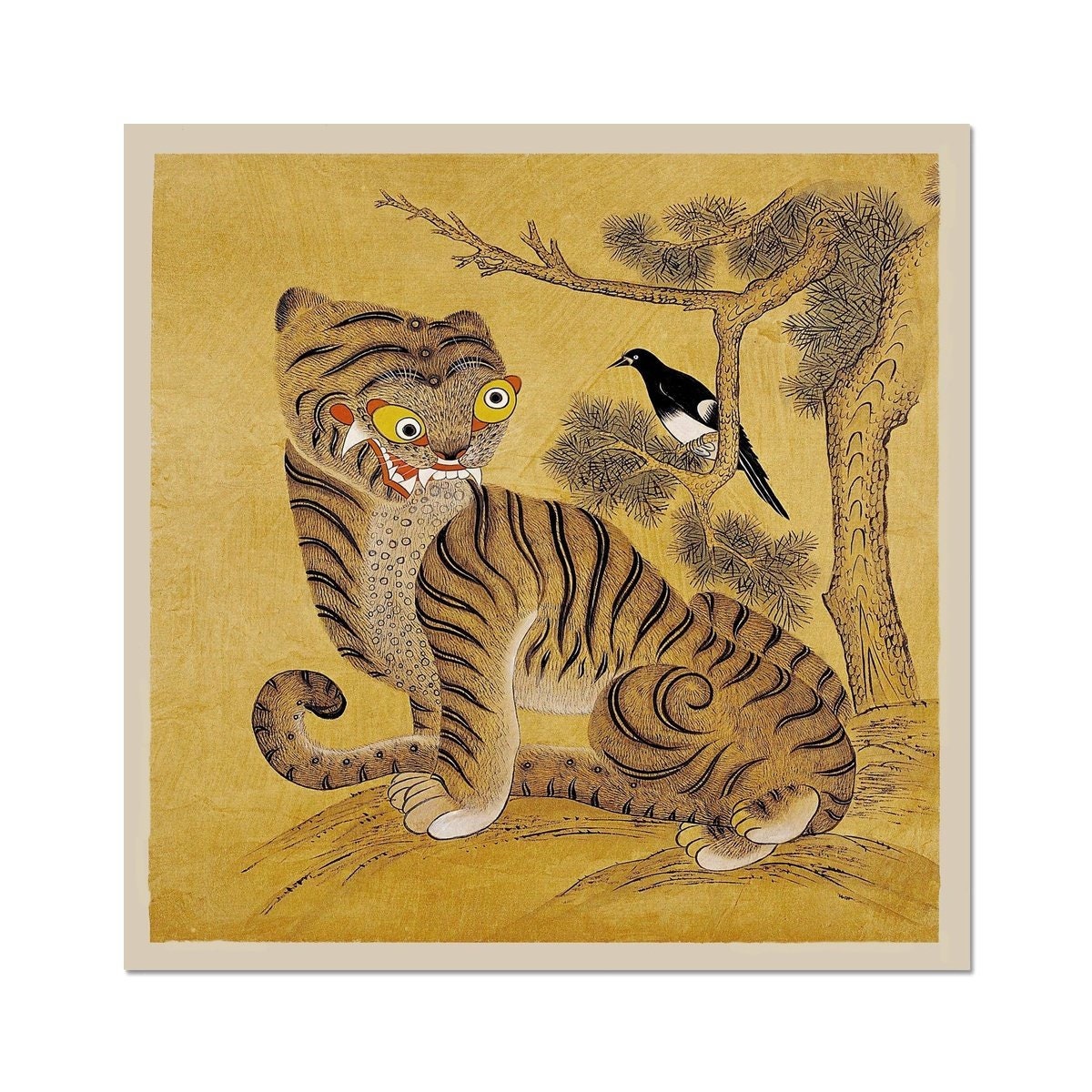 韓国の民芸絵画 虎とカササギ 1980 ミンファ「虎とカササギ」:19世紀韓国の古典民画、アンティーク