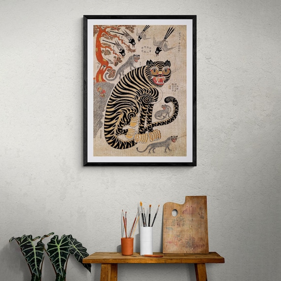 ヴィンテージ韓国民話「トラとカササギ」｜古典神話の民話画｜ライオン