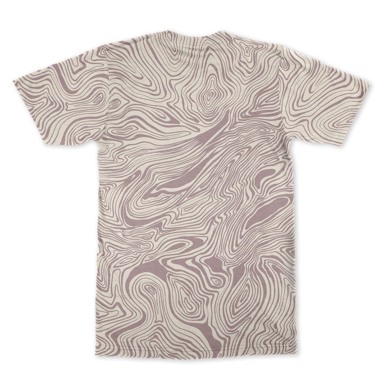 May include: A short-sleeved t-shirt. The cream-colored fabric is patterned with swirling, topographic-like lines in mauve. The shirt has a crew neck and a standard fit. The design covers the entire front and back.