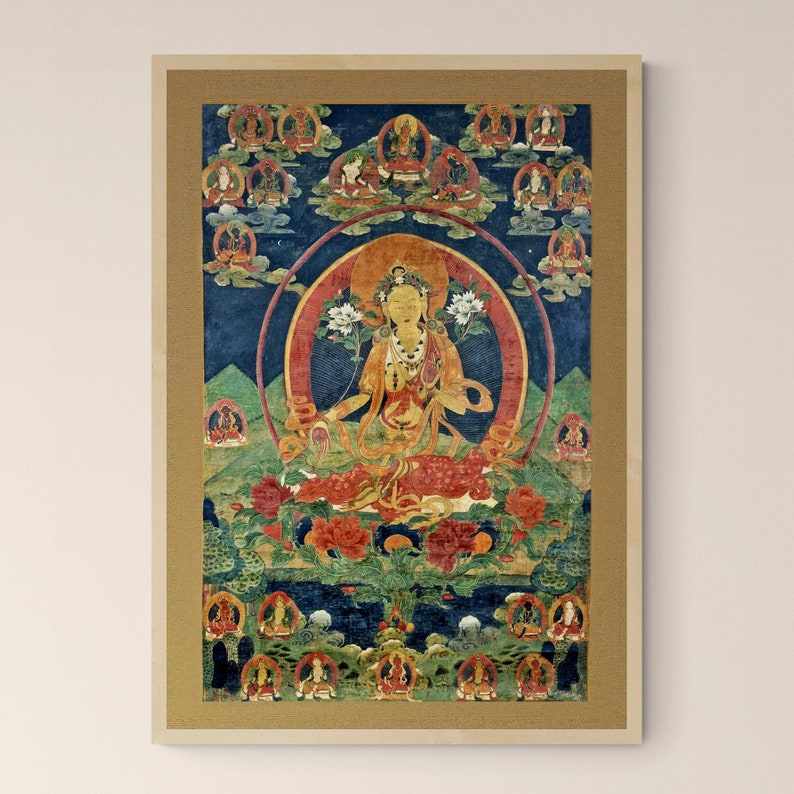 May include: A colorful Tibetan Buddhist painting depicting a deity in a seated position with a halo and surrounded by smaller figures. The painting is on a dark blue background with gold accents.