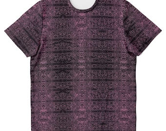 Camiseta psicodélica con estampado psicodélico en morado y negro, estilo rave y festival, con arte gráfico EDM.
