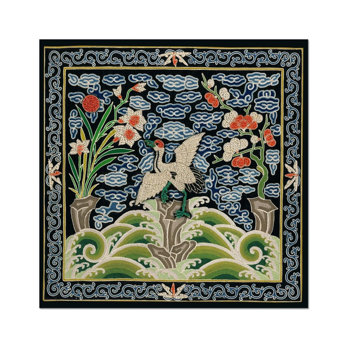 Blue Qing Dynasty, Chinese Silk Embroidery | Marsh Heron Fowl