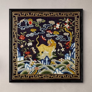 Ricamo cinese su seta, motivo leopardo, pantera, tigre, mandarino, quadrato, dinastia Qing, decorazione da parete antica, stampa artistica vintage