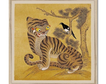 Freaky Tiger and Magpie: Korean 19th-Century Minhwa Folk Painting | Vintage Bird Cute Funny Kawaii Gift | Lion Leopard Poster Framed Print