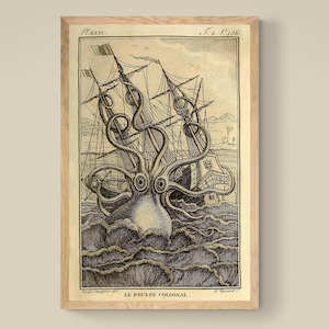 Giant Squid Octopus Print, Kraken Sea Monster, Man Cave, Ocean Nautical Decor, Vintage Marine Sea Life Wall Art Gift for Him, Fine Art Print