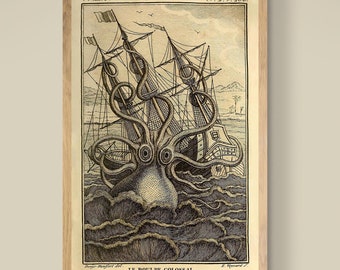 Giant Squid Octopus Print, Kraken Sea Monster, Man Cave, Ocean Nautical Decor, Vintage Marine Sea Life Wall Art Gift for Him, Fine Art Print