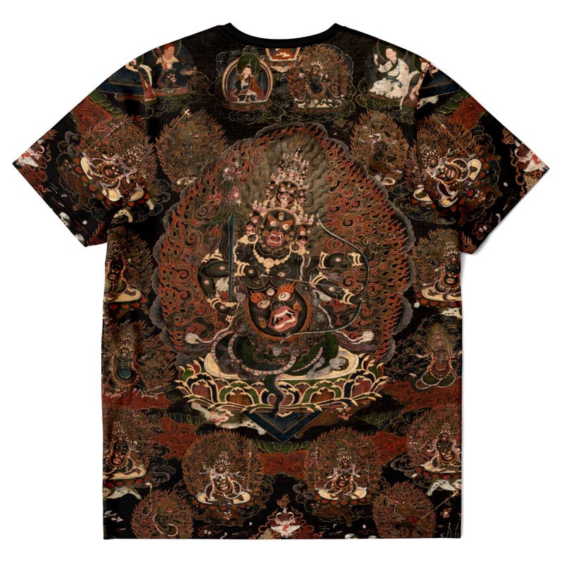 May include: Black t-shirt with a detailed, colourful illustration of a deity with multiple faces and arms, surrounded by flames and smaller figures. The design has a vintage, artistic style.