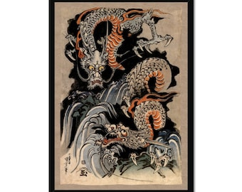 Utagawa Kuniyoshi Asian Dragon: Japanese Mythology Ukiyo-e Antique Serpent Wood Block Yokai Dragon Decor Framed Art Print