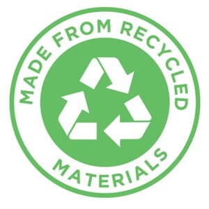 May include: A circular green and white graphic with the text "MADE FROM RECYCLED MATERIALS". The design features a recycling symbol in the centre, composed of three white arrows in a circular motion.