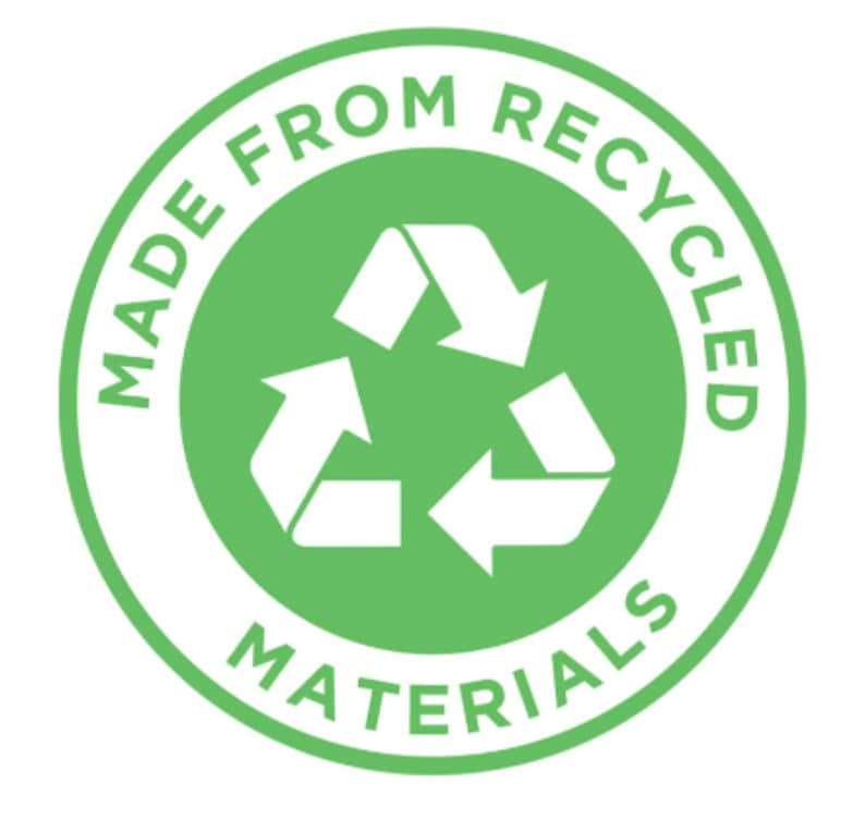 May include: A circular green and white graphic with the text "MADE FROM RECYCLED MATERIALS". The design features a recycling symbol in the centre, composed of three white arrows in a circular motion.