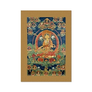May include: A colorful painting depicting a deity in a seated position surrounded by smaller figures. The deity is adorned with intricate jewelry and sits on a lotus throne. The background features a blue sky with clouds and a green landscape.